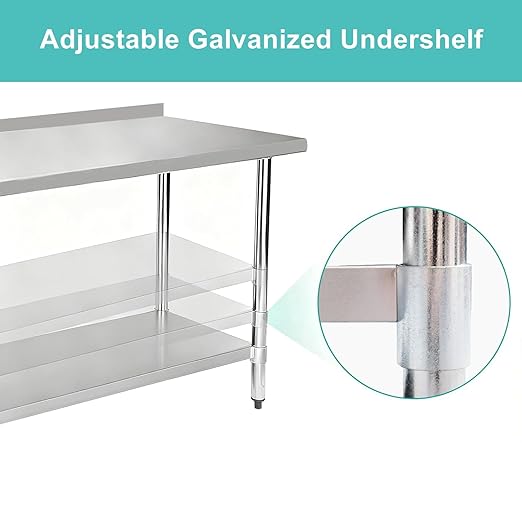 Stainless Steel Work Table 24 x 48 Inch, NSF Commercial Prep Table with Undershelf, Heavy Duty Food Prep Workstation with Backsplash