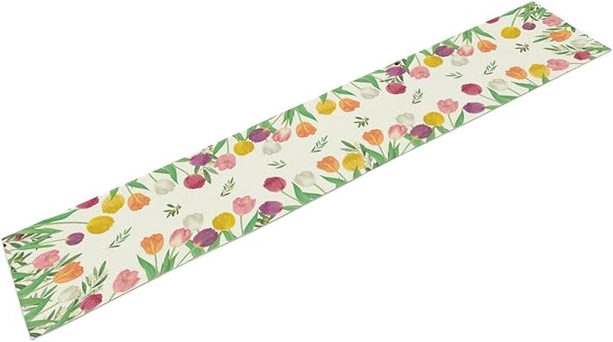 Tulips Spring Table Runner, Rustic Farmhouse Watercolor Botanical Colorful Tulips Olive Leaves Summer Garden Table Cover For Kitchen Dinning Table Indoor Outdoor Party Wedding Decor, 13x70inch