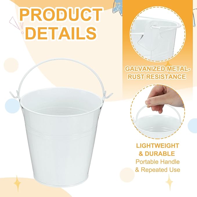 Small Metal Buckets, Mini Buckets with Handle Galvanized Colored Tin Pail Containers Basket Party Supplies - Fit for (Halloween - Classroom Crafts) 4" & 10Pcs & White