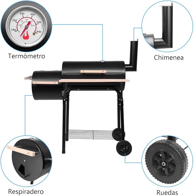 30 Inch Barrel Charcoal Grill & Smoker with Side Fire Box, Outdoor BBQ Grill for Patio Cooking with Front Wood Shelf & Wheels, Black