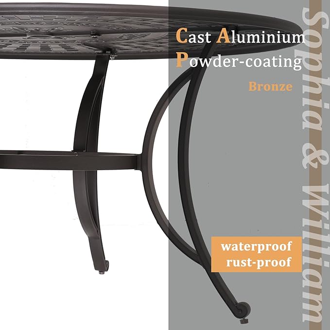Sophia & William Outdoor Dining Table 6-Person Round Cast Aluminium, Patio Bistro Table with 2.2" Umbrella Hole for Porch Backyard, Bronze