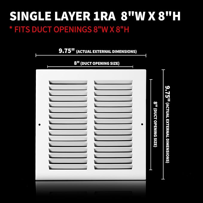 8x8 Vent Cover(Duct Opening Size),Air Return Vent Cover,Flat Vent Cover,Rejillas De Aire Acondicionado para Casa,Return Air Grilles,Outer Dimensions:9.75"Wx9.75"H(8"W x 8"H, Duct Opening)