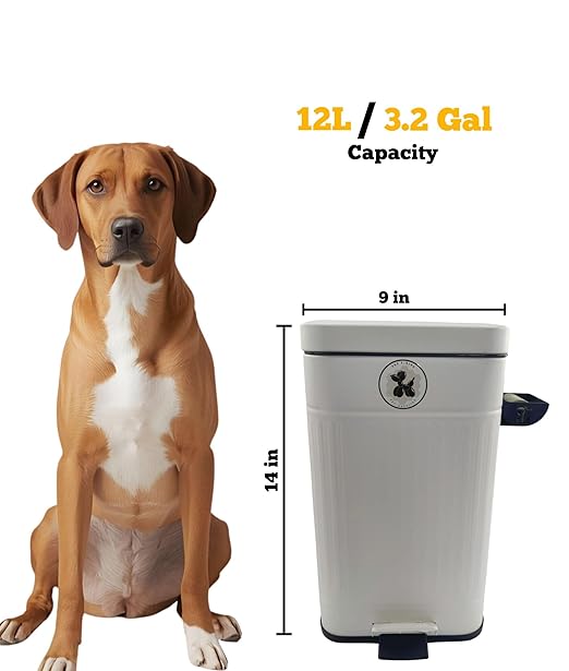 Dog Poop Trash Can (White) Outdoor Activated Carbon Filter Odor Control, 3.2 Gallon (12Lt) with Slow Soft Close Lid, All Weather Resistant Poop Disposal Bin for Pet Waste Backyard Station.
