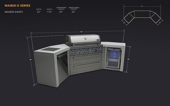 Mont Alpi 805 6-Burner 115000 BTU MAi805-D45FC U-shaped Stainless Steel Deluxe Modular Outdoor Kitchen BBQ Island Grill + Fridge Cabinet - 2 Infrared Burners, White Granite Countertops, Rotisserie Kit