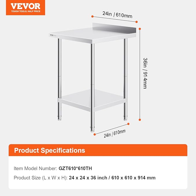 VEVOR 24 x 24 x 36 Inch Stainless Steel Work Table, Commercial Food Prep Worktable Heavy Duty Prep Worktable, Metal Work Table with Adjustable Height for Restaurant, Home and Hotel