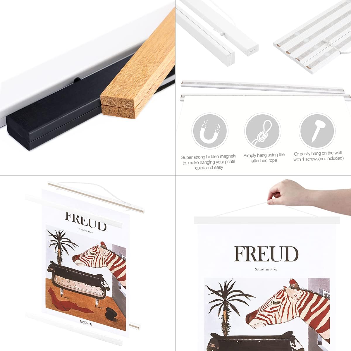 Ywlake Magnetic Poster Hanger, 12x18 12x16 12x24 Poster Frame Wood Wooden Magnet Print Posters Dowel Scroll Hanger Hangers Hanging Kit for Walls Map Canvas Artwork (White, 12")