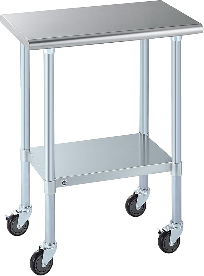 ROCKPOINT Stainless Steel Table for Prep & Work with Caster Wheels 18x30 Inches, NSF Metal Commercial Kitchen Heavy Duty Table with Adjustable Under Shelf and Table Foot for Restaurant, Home and Hotel