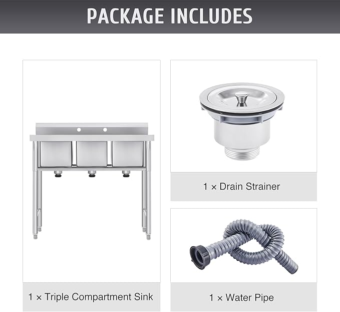 WILPREP NSF Stainless Steel 3 Compartment Commercial Sink 11x10x10 Inch Basins, Kitche Station Utility Sink for Restaurant Bar Home Laundry Room Garage