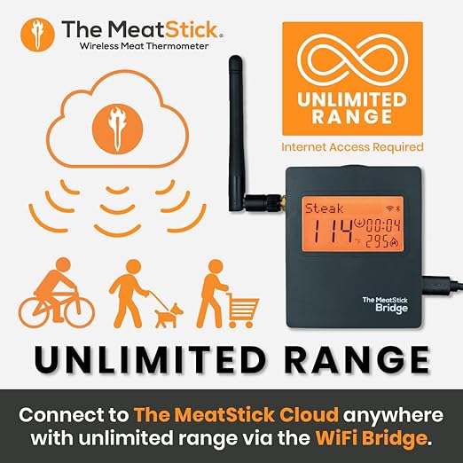 MeatStick 4X WiFi Bundle [4-Probe/Unlimited Range] | Quad Sensors Smart Wireless Meat Thermometer with Bluetooth | for Smoking, Grilling, BBQ, Air Fryer, Deep Frying, Oven, Sous Vide, Rotisserie