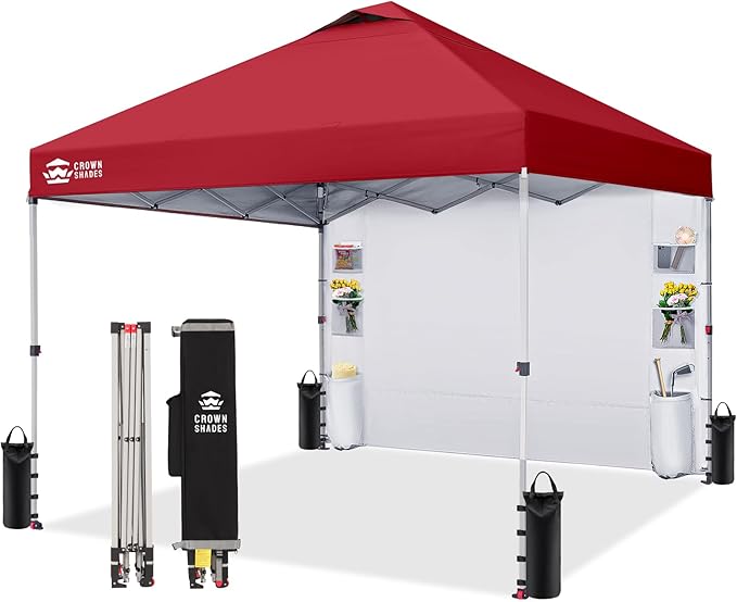 CROWN SHADES Canopy Tent 10x10 Pop Up Canopy Outdoor Shade with Pockets Sidewall, Easy Up Sun Shelter with One Person Set Up Center Lock, Portable Instant Camping Beach Canopy Tents, Red