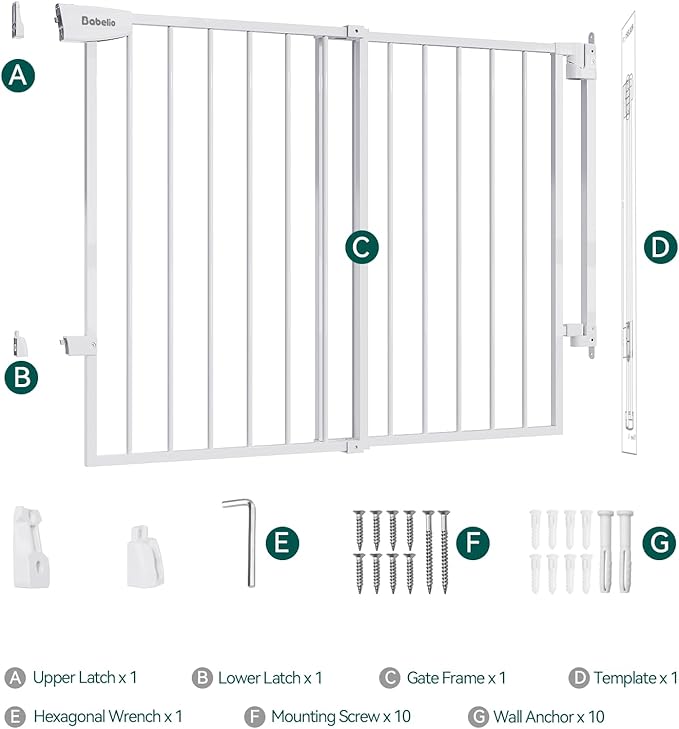 Babelio 34" Tall No Bottom Bar Baby/Dog Gate for Stairs, House and Doorways, 29.7-46.5" Auto Close Safety Pet Gates with Large Walk Thru Door, Hardware Mount, White