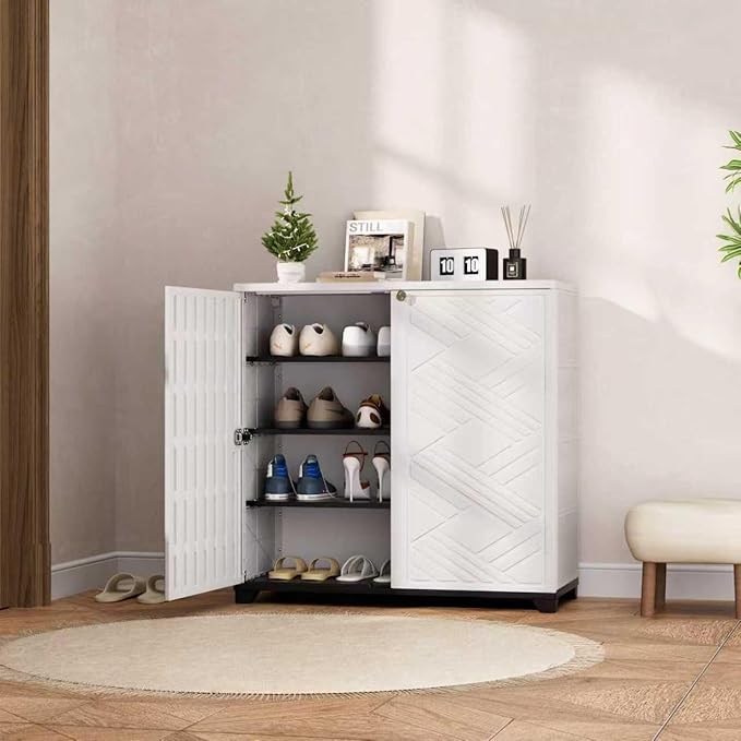 Outdoor/Indoor Storage Box,Resin and Plastic Storage Cabinet Waterproof,Outdoor Cabinet for Patio/Garden/Balcony/Backyard/All Room(with 3 Shelves)-White