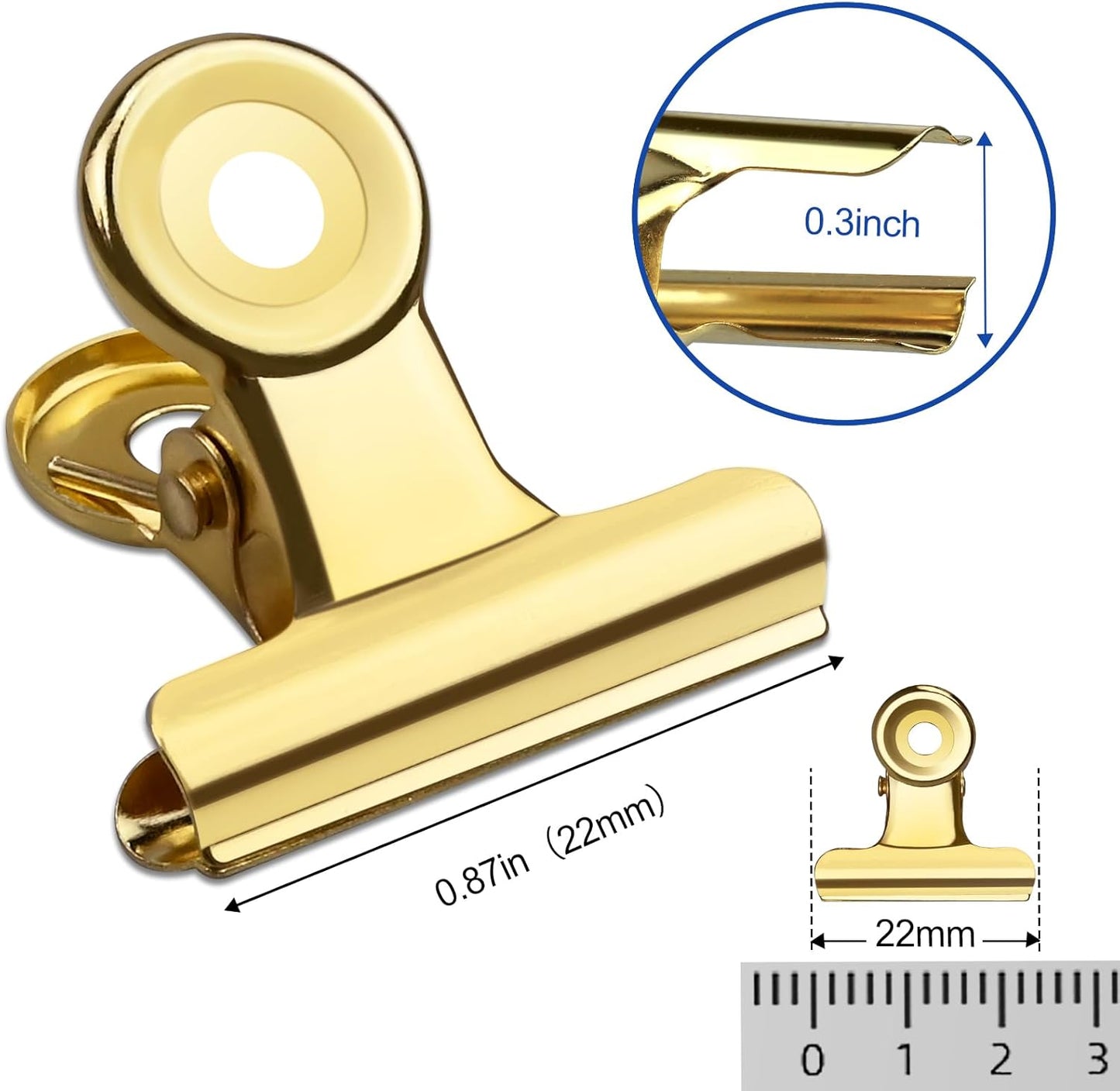 30 Pack Small Bull Clips 0.87 Inch Mini Metal Hinge Clips Binder Paper Hinge Clip for Office, Home, School, Shops, Gold, 22mm