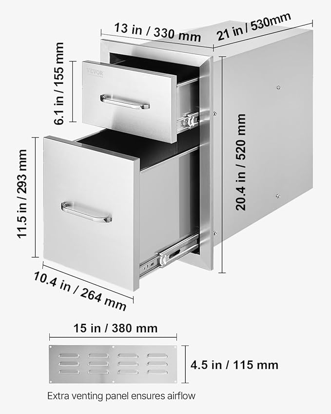 VEVOR Outdoor Kitchen Drawers 13" W x 20.5" H x 21" D, Flush Mount Double BBQ Access Drawer with Stainless Steel Handle, BBQ Island Drawers for Outdoor Kitchens or Patio Grill Station