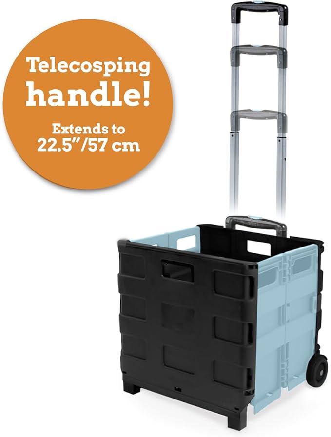 Inspired Living Ultra-Slim Rolling Collapsible Storage Pack-N-Roll Utility-carts, with Telescopic Handle, for Home, Garden, Shopping, Office, School use, Large, Baby Blue & Black