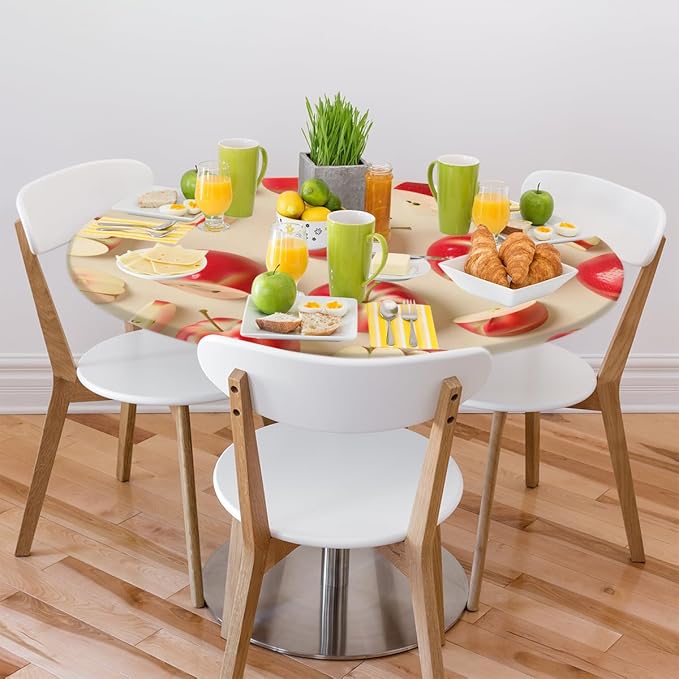 Apples Red Fruit Bright Round Table Cloth Cover, Elastic Edge Waterproof Wipeable Tablecloths 36"-42" Polyester Tablecloth for Party Restaurant Banquet Holiday Camping Outdoor Picnic