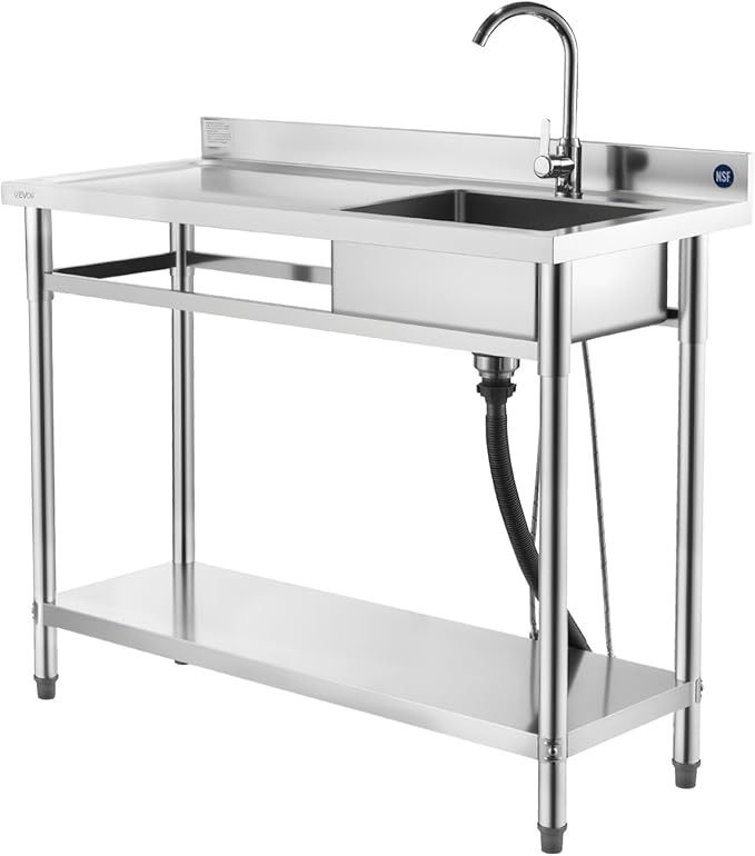 VEVOR Stainless Steel Utility Sink, Free Standing Single Bowl Commercial Kitchen Sink with Faucet, Utility Left Basin Workbench with Hot & Cold Water Pipe for Garage Restaurant Laundry, 47x19.7x37 in
