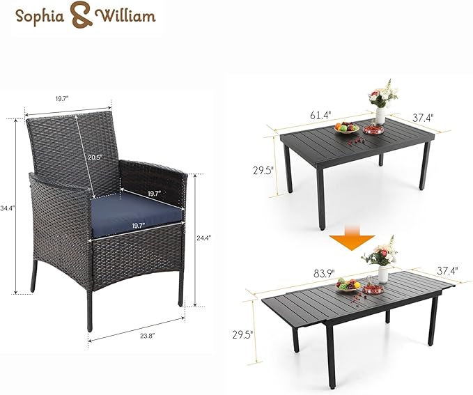 Sophia & William 9 Pieces Expandable Patio Dining Set for 8, Metal Patio Table and Wicker Chairs Set, Rectangular Outdoor Table and Rattan Chairs, All Weather Outdoor Dining Set for Outside