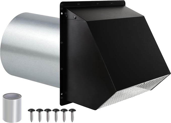 6 Inch Wall Vent Exhaust Vent Dryer Vent Cover Outside, 6" Hooded Wall Vent with Screen and Damper for Kitchen Range Hood Exterior Wall Vent Cover Cap Hood Vent Dryer Air Vent,Galvanized Steel,Black