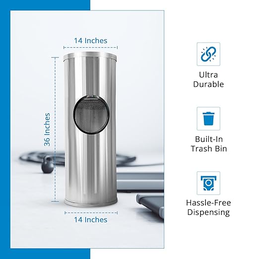 Zoom Wipes Stainless Steel Wipes Dispenser with Built-in Trash Bin – 36" Floor Stand Wipes Holder for Gyms, Offices, Homes – Sanitizing & Disinfecting Station, Commercial Grade & Rustproof.