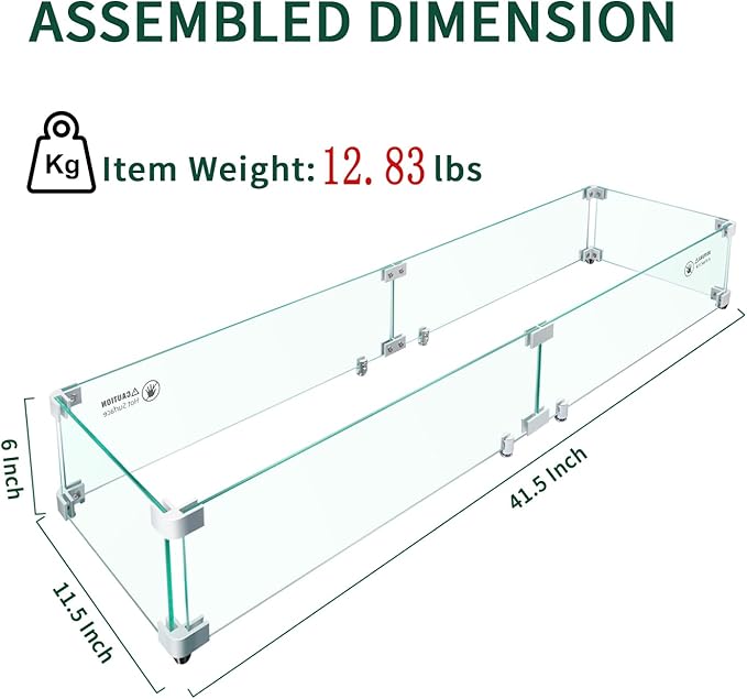 Fire Pit Wind Guard - 41.5" x 11.5" x 6" Rectangular for Outdoor Fire Pit Table, Thick & Durable Tempered Glass w/Hard Aluminum Corner Brackets, Quick Assembly