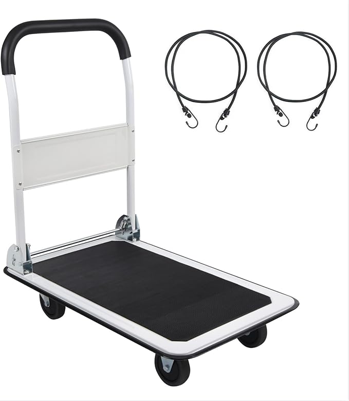 LEADALLWAY Foldable Push Cart Platform Cart 330lbs Capacity 4 Wheels 28.7x18.5x32.3inches White with 2 Ropes Small Flatbed Cart