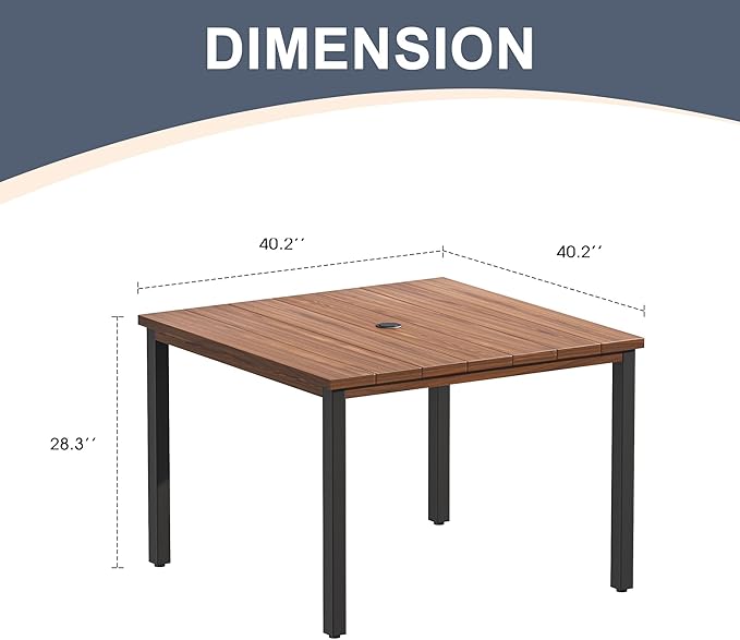 VICLLAX Outdoor Patio Dining Table for 4, Metal Square Patio Table with Umbrella Hole for Backyard Porch, Walnut 40.2"