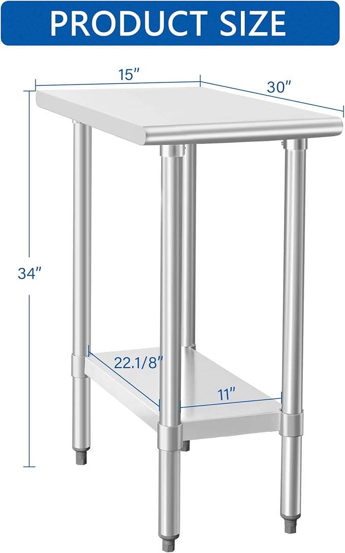 HARDURA Stainless Steel Work Table Commercial 30×15 Inches Kitchen Prep Table and Heavy Duty Commercial Workbench NSF 430 with Undershelf and Galvanized Legs