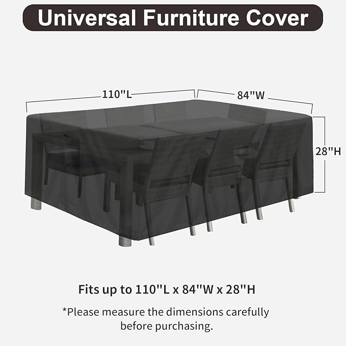 PureFit Patio Furniture Covers, Outdoor Table Furniture Cover Waterproof Rectangle, Patio Sectional Couch Set Cover for Deck, Lawn and Backyard, UV Resistant, 110"L x 84"W x 28"H, Black