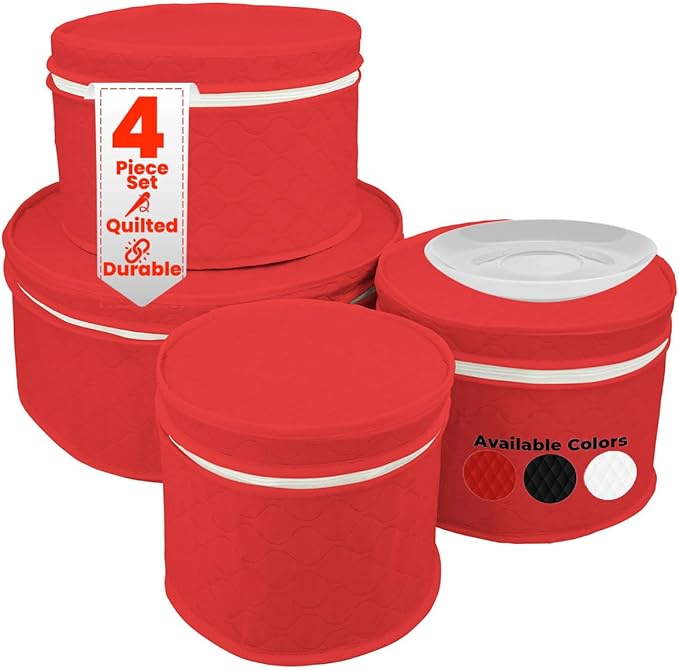 LAMINET 4 Piece Quilted Plate Storage Set - Holds Up to 48 Plates with Padded Inserts - RED