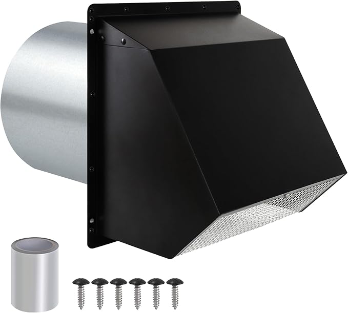 12 Inch Wall Vent Hood Exhaust Vent Cover Cap Outdoor Hooded Wall Vent with Screen and Damper for HVAC Duct Dryer Range Hood Industrial Facilities Ventilation and Air Exhaust,Galvanized Steel,Black