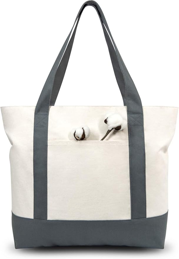 TOPDesign 6-Pack Canvas Tote Bags with an External Pocket, Reusable Grocery Shopping Bags, Top Zipper Closure, Daily Essentials (Grey/Natural)