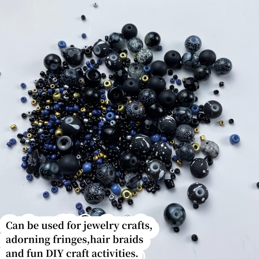 Assorted Glass Resin Beads Multi Size Colors Smooth Cracked Gravel Millet Spacer Beads for Bracelets Necklace Earring DIY Jewelry Making Craft(Black Series)