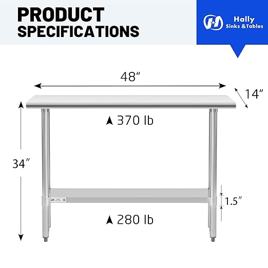 Hally Stainless Steel Table for Prep & Work 14 x 48 Inches, NSF Commercial Heavy Duty Table with Undershelf and Galvanized Legs for Restaurant, Home and Hotel