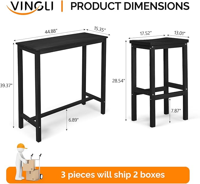 VINGLI 3-Piece Fir Wood Outdoor Bar Table and Chairs Set, Outdoor Bar Height Table with 2 Bar Stools Patio Bistro Set for Garden Balcony Backyard (Black)