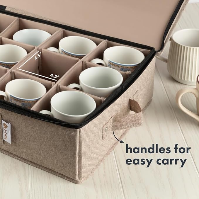 China Storage Hard Shell Containers 5-Piece Set Moving Boxes for Dinnerware, Glasses, Plates, Mugs and Saucers Sturdy Dish Organizer with Dividers for Seasonal Storage - Service for 12 - Brown