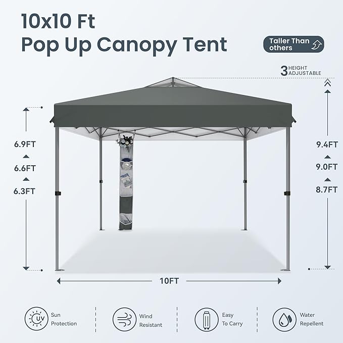PHI VILLA 10x10ft 1-Person Setup Pop Up Canopy Tent Instant Portable Shelter w/ 1-Button Push, Case, 4 Weight Bags - Gray