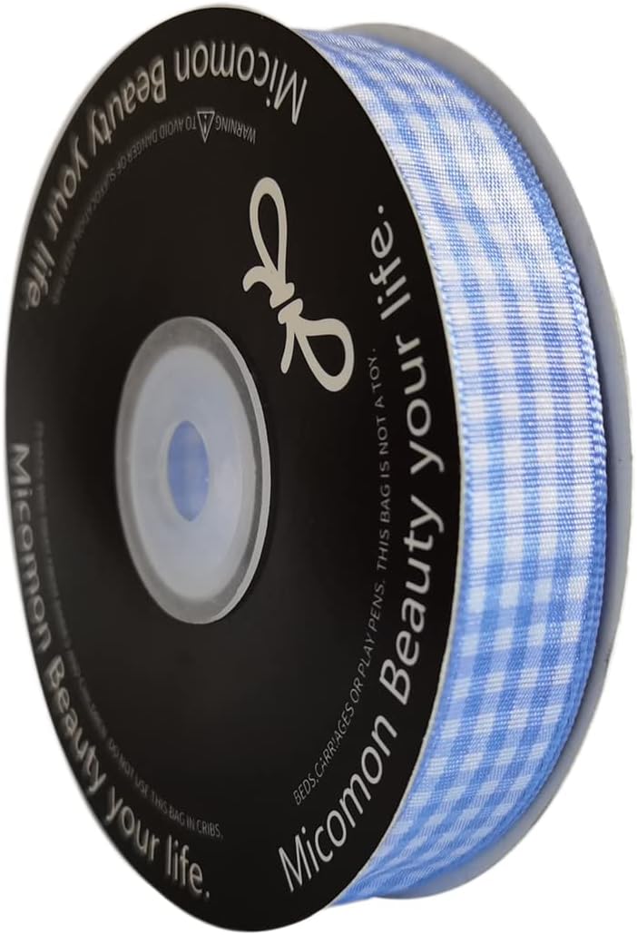 Light Blue Gingham Plaid Checked Ribbon 25 Yard Each Roll 100% Polyester (5/8", Light Blue)