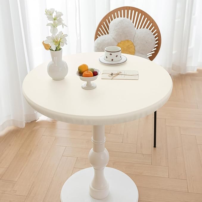 Round Fitted PU Tablecloth with High Elastic Edge 47 Inch Dia Waterproof Oil Proof Table Cloth Anti-Scald Stain-Resistant Wipeable Table Cover for Indoor Outdoor Picnic (Cream,47" Dia)