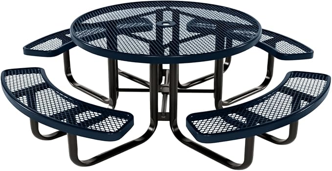 COATEDOUTDOORFURNITURE Heavy-Duty Portable Outdoor Kids Table with Umbrella Hole, Expanded Metal Kids Picnic Table, Commercial-Grade, Made in America (46 in, Round, Childrens, Dark Blue)