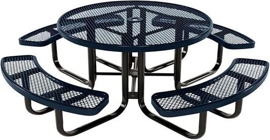 COATEDOUTDOORFURNITURE Heavy-Duty Portable Outdoor Kids Table with Umbrella Hole, Expanded Metal Kids Picnic Table, Commercial-Grade, Made in America (46 in, Round, Childrens, Dark Blue)