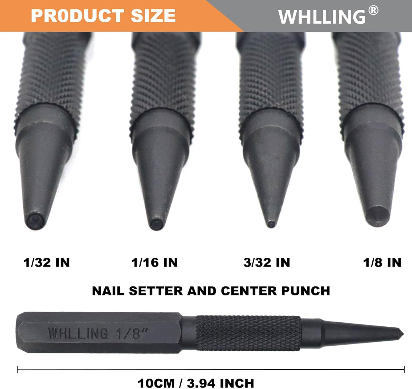 4-Piece Nail Setter Punch and Center Punch Set, Made of High Quality Metal Material with Knurled Grip Includes 1/32", 1/16", 3/32", 1/8" Black-Finished Nail Set