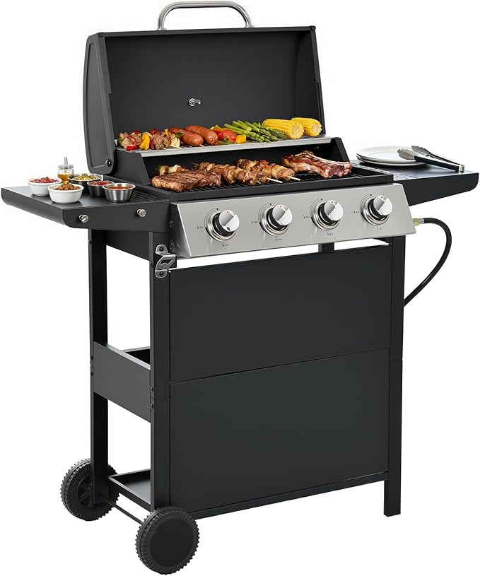 4-Burner Stainless Steel Gas Grill | 34,000 BTU Total Output & 421 sq.in Cooking Area | Powerful Even-Heat System for Large Family BBQs & Backyard Parties