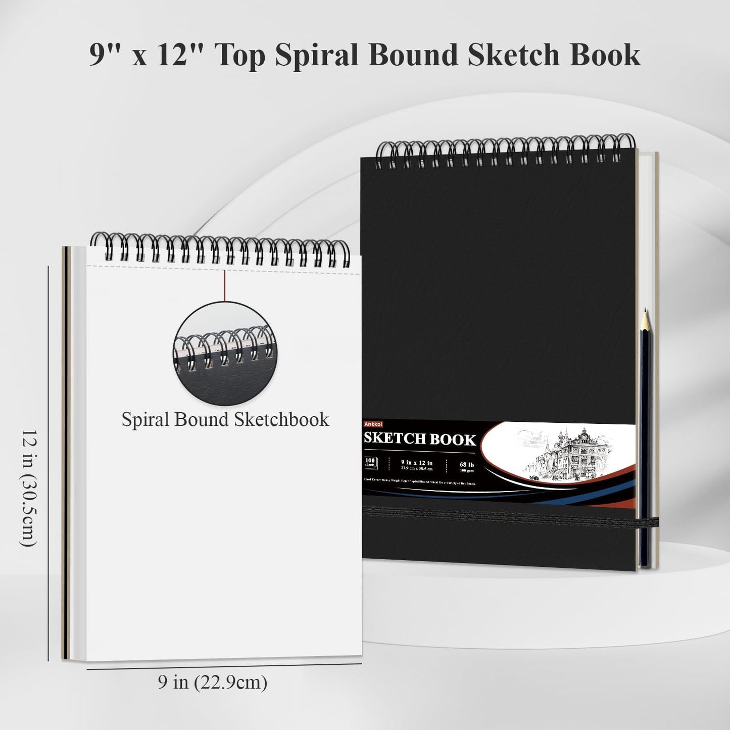 9" x 12" Sketch Book, Top Spiral Sketchbook Hardcover, 68lb (100gsm) Drawing Paper Pad & Sketch Paper, 1-Pack Sketch Pads for Drawing for Adults, Professional Art Supplies for Teens & Artist Gifts.