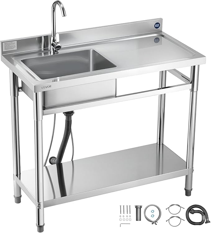 VEVOR Stainless Steel Utility Sink, Free Standing Single Bowl Commercial Kitchen Sink with Faucet, 39.4 x 19.7 x 37 in, Utility Right Basin with Hot & Cold Water Pipe for Garage, Restaurant, Laundry