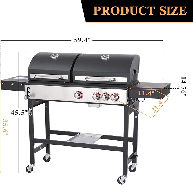 CIG GARDEN Gas and Charcoal Combo Grill, 3 Burner Propane Gas Grill with Side Burner, Cast Iron Grates Outdoor Barbecue Grill with 41,500 BTU Output, Perfect for Outdoor Cooking, Balcony, Camping
