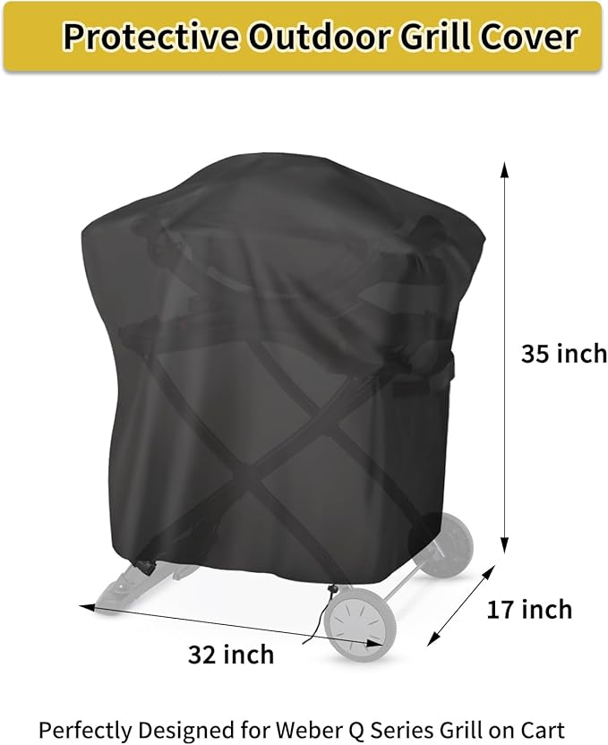 Grill Cover for Weber Q Series Grill on Cart, Waterproof BBQ Cover for Weber Q2000/Q200/Q1000/Q100 on Portable Stand-Weather Resistant
