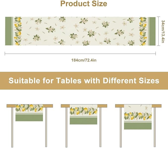 Lemon Spring Table Runner, Farmhouse Rustic Summer Flower Leaves Table Cover for Home Kitchen Dining Room Table, 13x120inch
