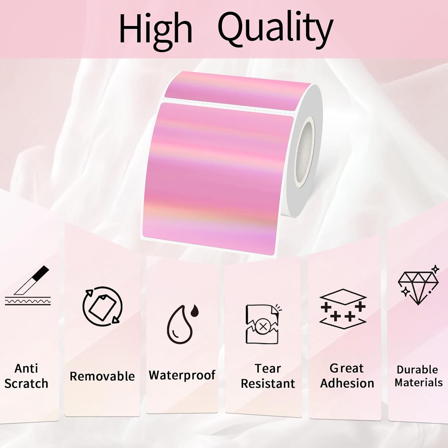 Holographic Square Thermal Labels Stickers 3" x 3", Direct Square Thermal Stickers Labels, Glitter Self-Adhesive Thermals Label for Small Business- Holographic Pink