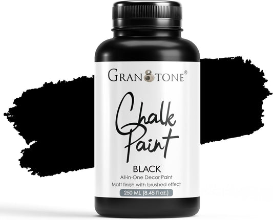 GRANOTONE Chalk Paint for Furniture, Matt-Finish Water-Based Acrylic Paint for Wood, Walls, Metal, Glass, Paper, Fabric Canvas, Maximum Coverage Chalk Paint for Kids & Adults, 250 Ml (BLACK)